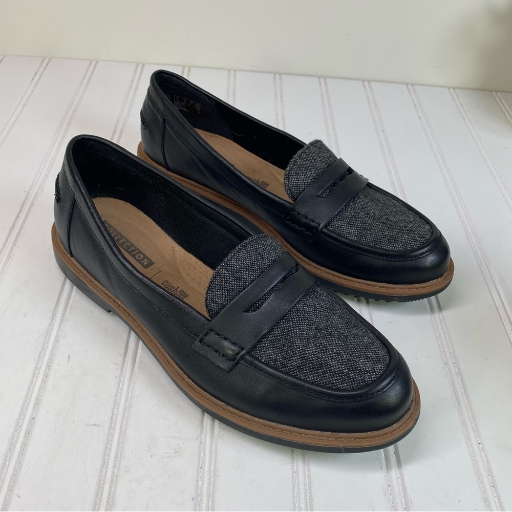 Clarks Raisie Eletta Black Leather & Tweed Loafers